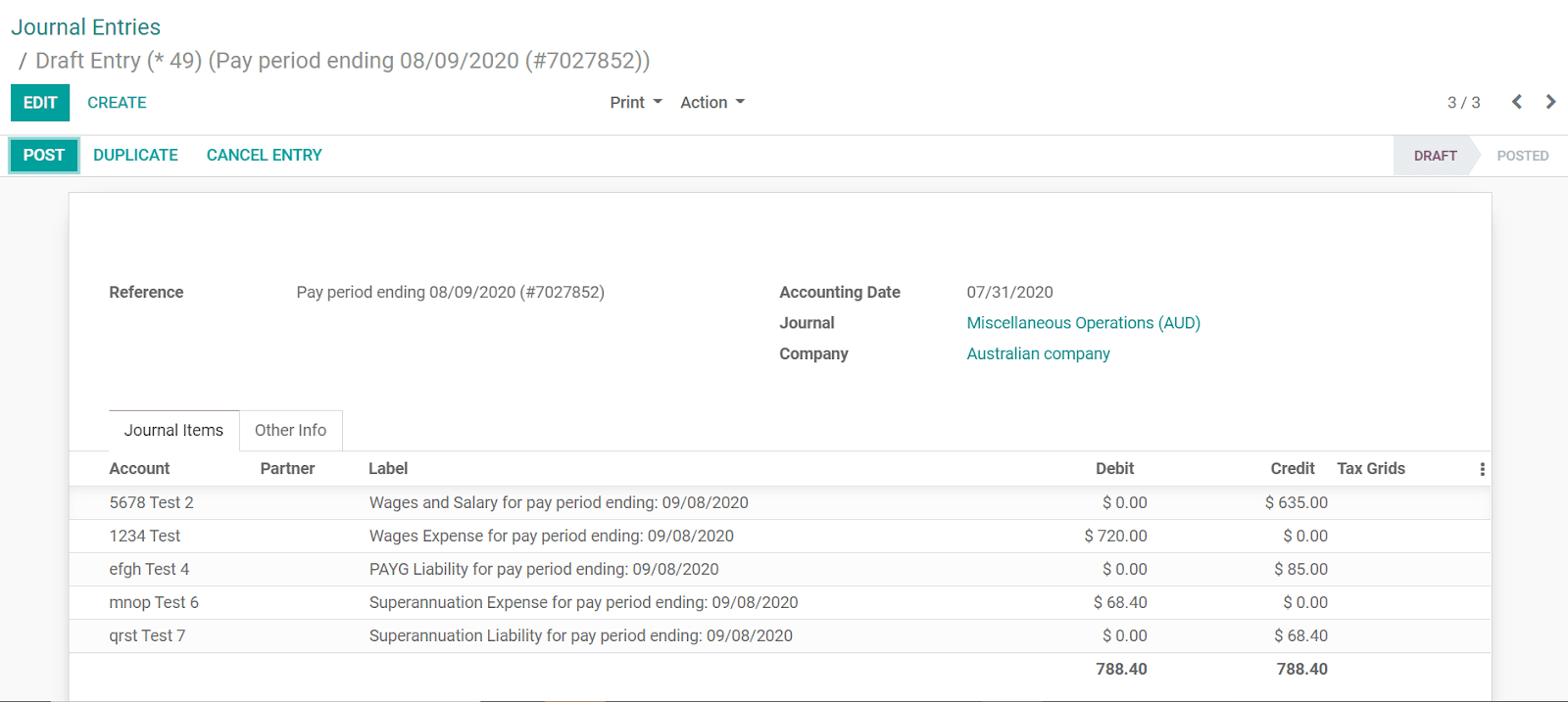 Employment Hero journal entries in Odoo.