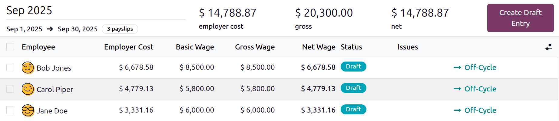 All payslips in a draft state.