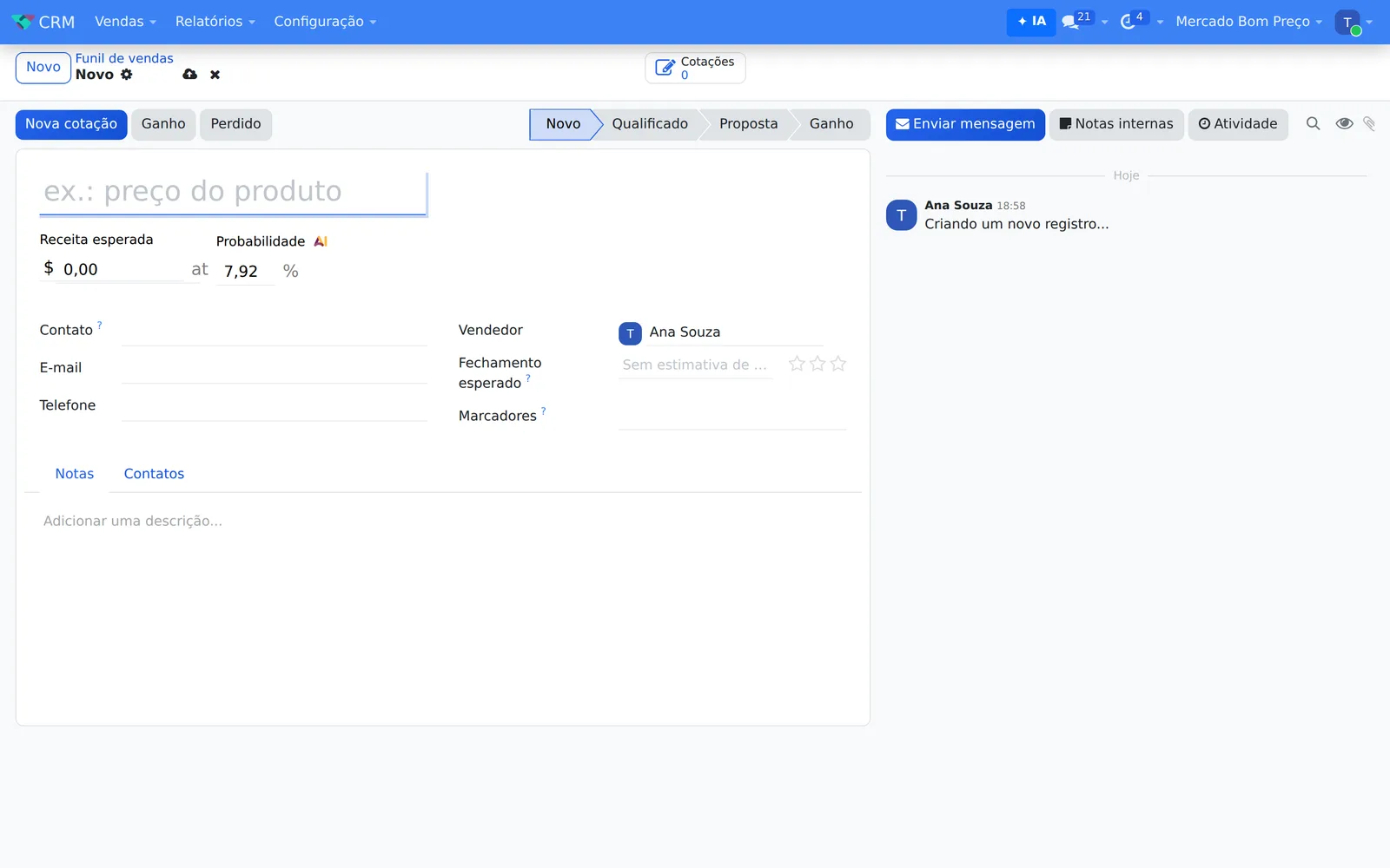 Formulário de nova oportunidade no CRM