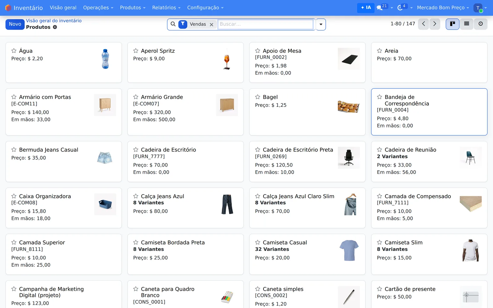 Lista de produtos com quantidade em estoque