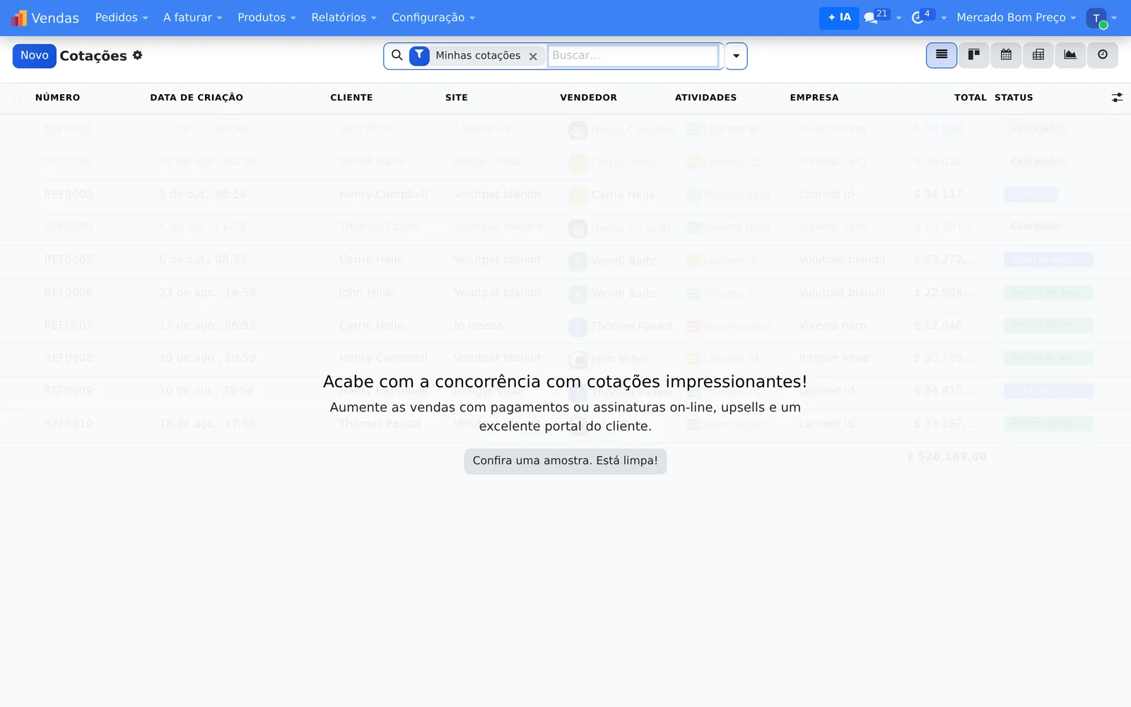 Lista de cotações e pedidos de venda